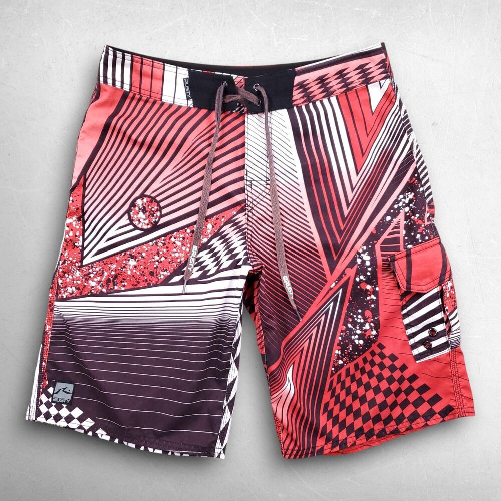 Rusty Board Shorts Men 31 Red Black Geometric Cargo Pocket R.Evolution Swim